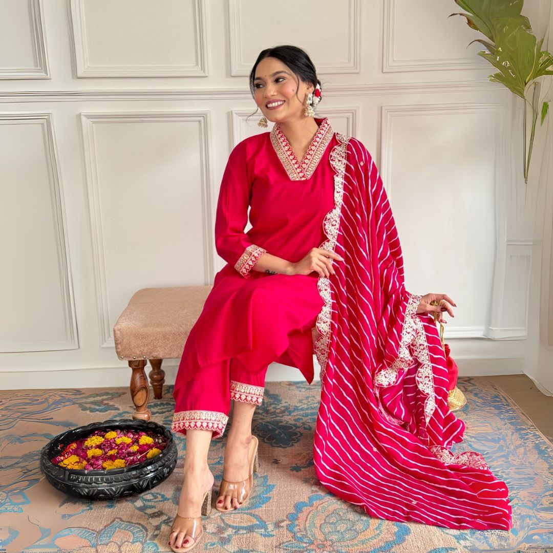 Graceful Chanderi Embroidered Suit Set with Printed Muslin Dupatta