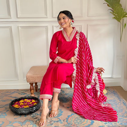 Graceful Chanderi Embroidered Suit Set with Printed Muslin Dupatta