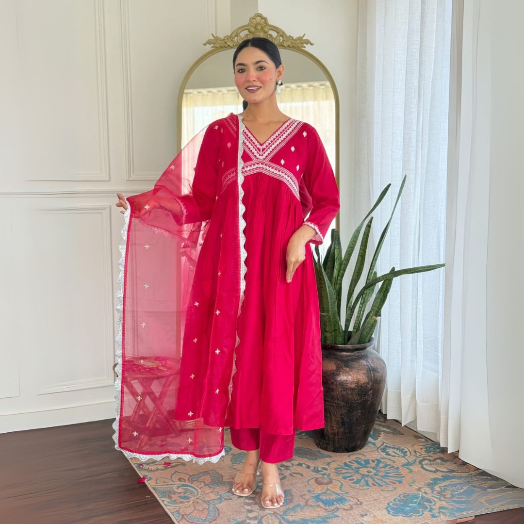 Fuchsia Pink Anarkali Suit Set with Embroidered Dupatta – Aathado Ethnic Collection