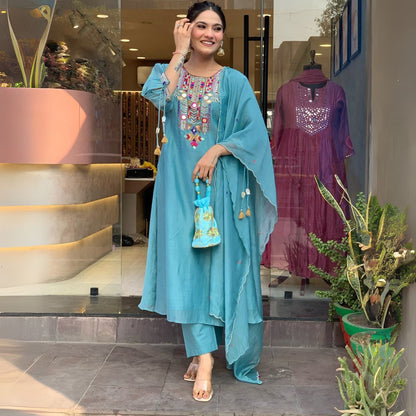 Turquoise Chanderi Silk Embroidered Suit Set with Organza Dupatta