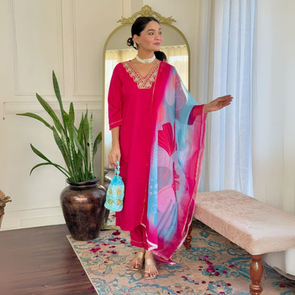 Graceful Fuchsia Embroidered Kurta Set with Printed Tebby Silk Dupatta