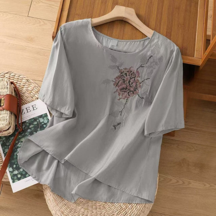 Floral Embroidered Cotton Linen Top | Oversized Layered Hem Blouse