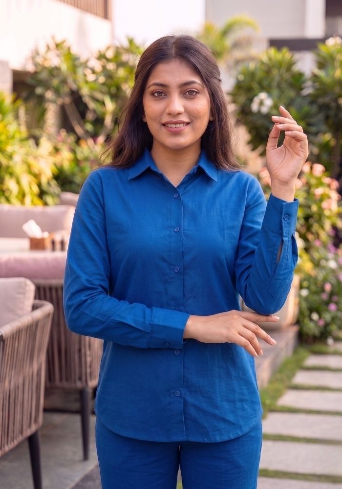Women’s Cotton Shirt &amp; Flared Pant Blue Co-Ord Set