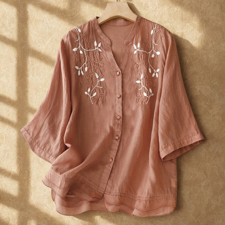 Embroidered Floral V-Neck Cotton Linen Top | Vintage 3/4 Sleeve Blouse