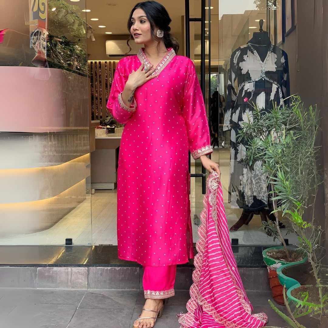 Radiant Fuchsia Viscose Suit Set with Embroidery &amp; Muslin Dupatta