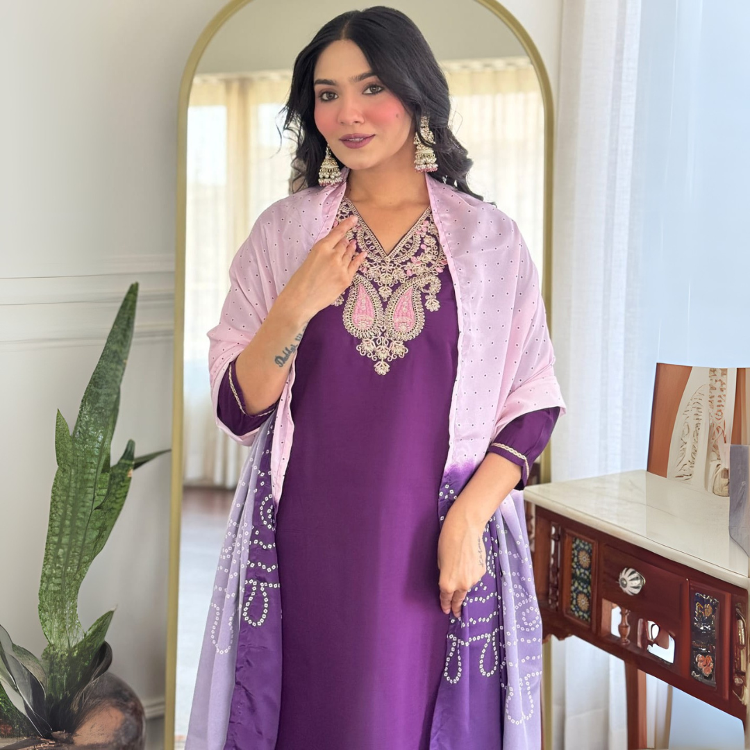 Royal Purple Chanderi Silk Embroidered Suit Set with Ombre French Crepe Dupatta