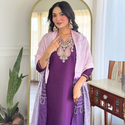 Royal Purple Chanderi Silk Embroidered Suit Set with Ombre French Crepe Dupatta