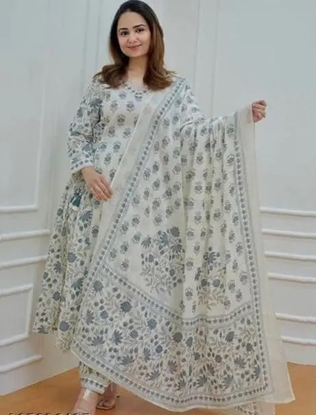 Buy Grey White Cotton Afghani Kurti With Pant & Dupatta Set  Women’s Fashion Online - We Shine