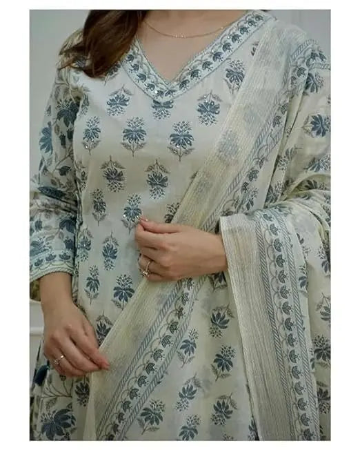 Buy Grey White Cotton Afghani Kurti With Pant &amp; Dupatta Set  Women’s Fashion Online - We Shine