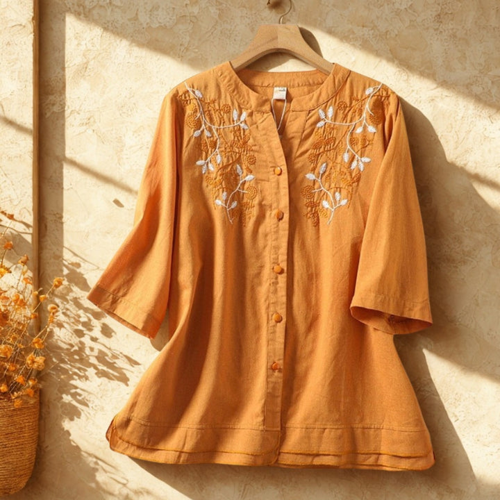 Embroidered Floral V-Neck Cotton Linen Top | Vintage 3/4 Sleeve Blouse
