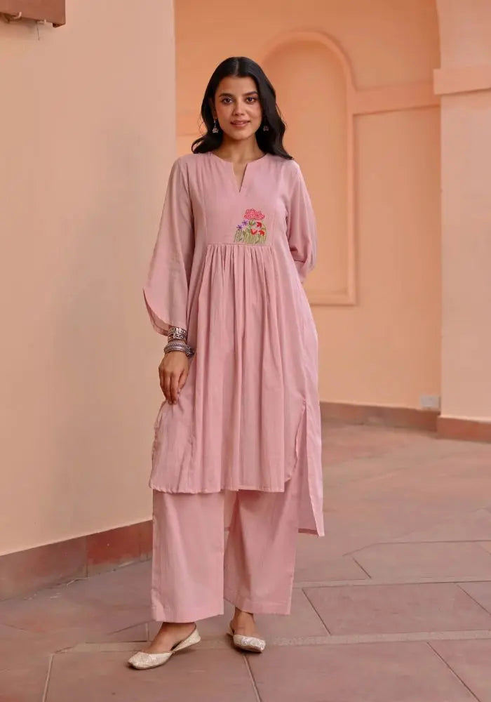 Buy Elegant Light Pink Cotton Kurta with Floral Embroidery  Women’s Fashion Online - We Shine