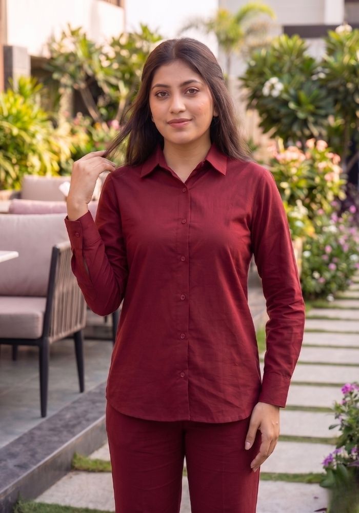 Women’s Cotton Shirt &amp; Flared Pant Maroon Co-Ord Set