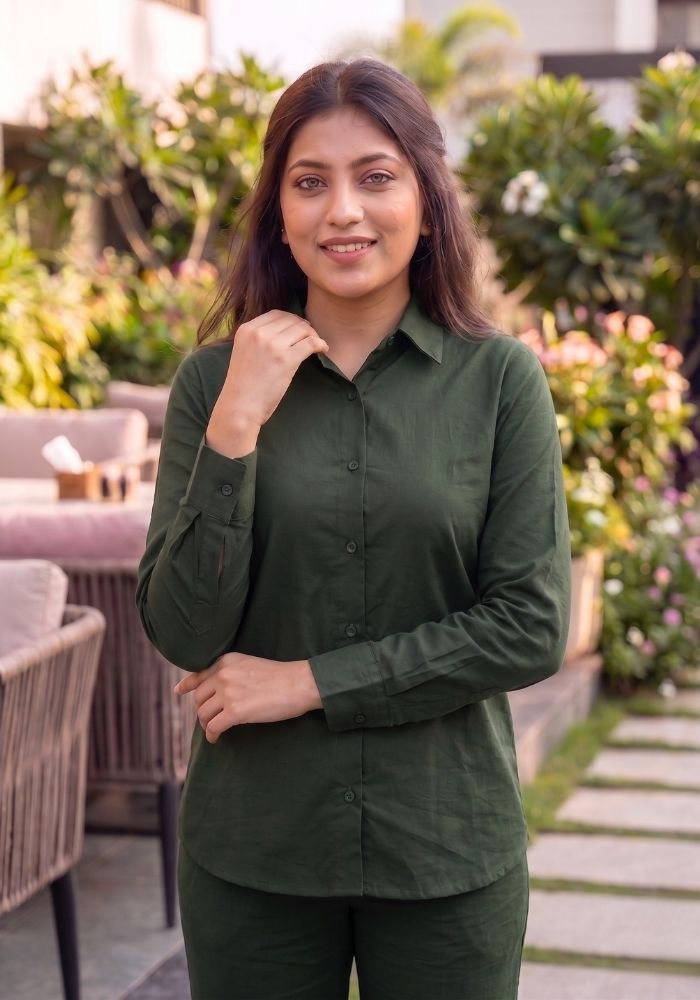 Women’s Cotton Shirt &amp; Flared Pant Teal Green Co-Ord Set