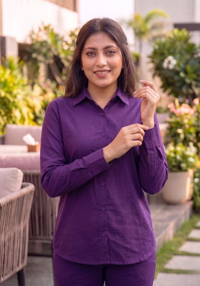 Women’s Cotton Shirt &amp; Flared Pant Purple Co-Ord Set