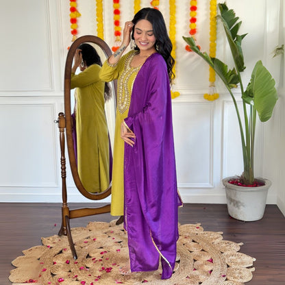 Olive-Gold Embroidered Suit Set with Royal Purple Dupatta