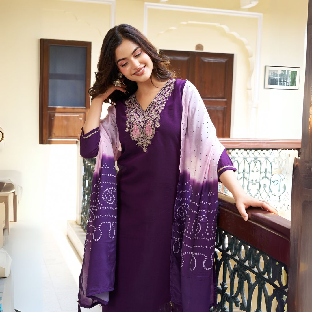 Royal Purple Chanderi Silk Embroidered Suit Set with Ombre French Crepe Dupatta