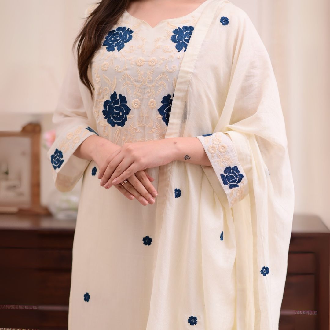 Elegant Cream Embroidered Rayon Slub Kurta Set with Chanderi Dupatta
