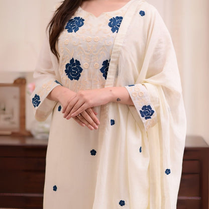 Elegant Cream Embroidered Rayon Slub Kurta Set with Chanderi Dupatta
