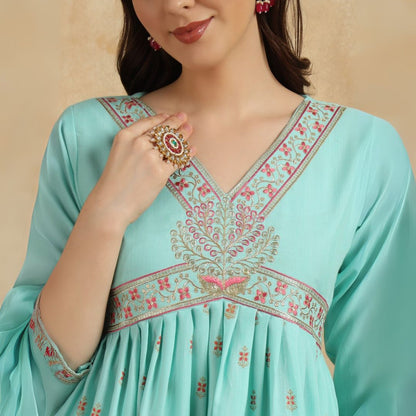 Elegant Aqua Blue Embroidered Kurta Set with Organza Dupatta