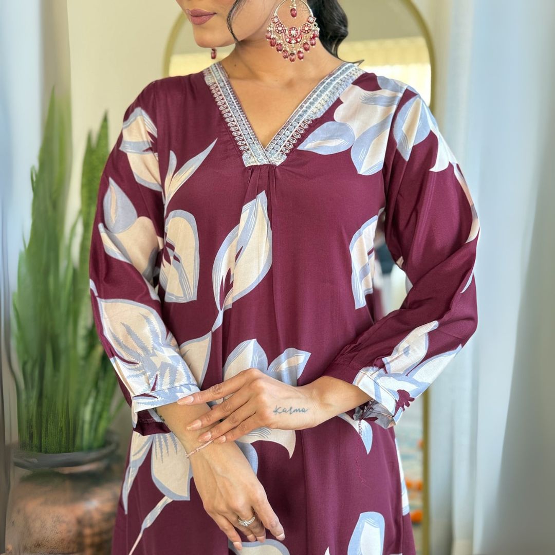 Elegant Maroon Floral Embroidered Kurta Set with Chanderi Dupatta