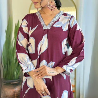 Elegant Maroon Floral Embroidered Kurta Set with Chanderi Dupatta