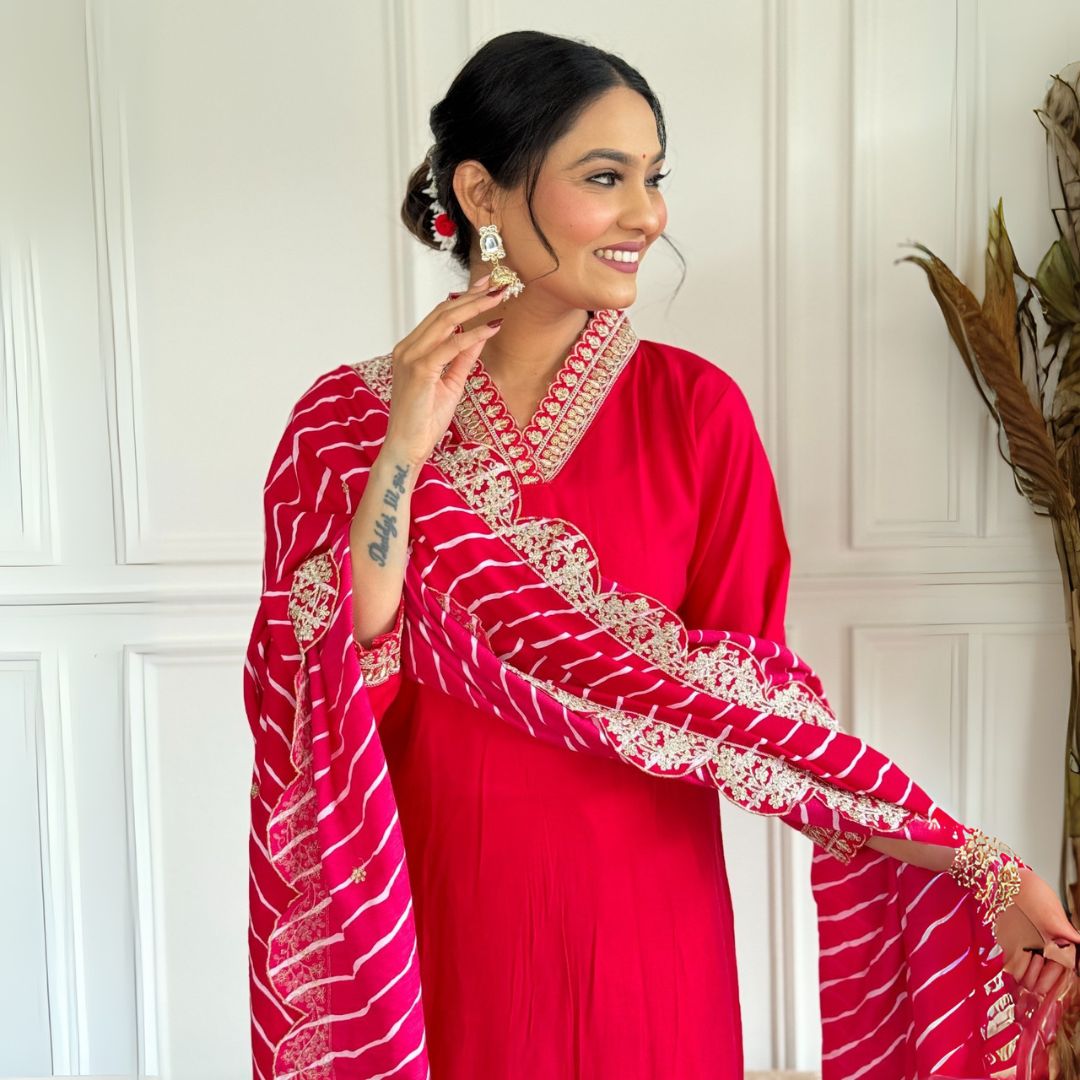 Graceful Chanderi Embroidered Suit Set with Printed Muslin Dupatta