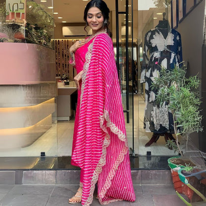 Radiant Fuchsia Viscose Suit Set with Embroidery & Muslin Dupatta