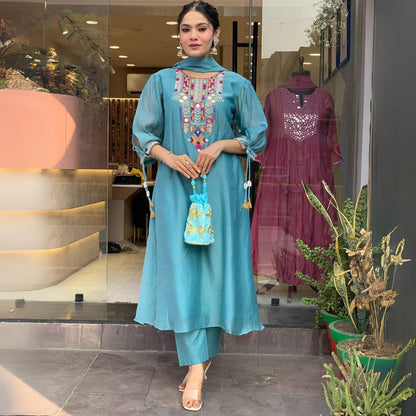 Turquoise Chanderi Silk Embroidered Suit Set with Organza Dupatta