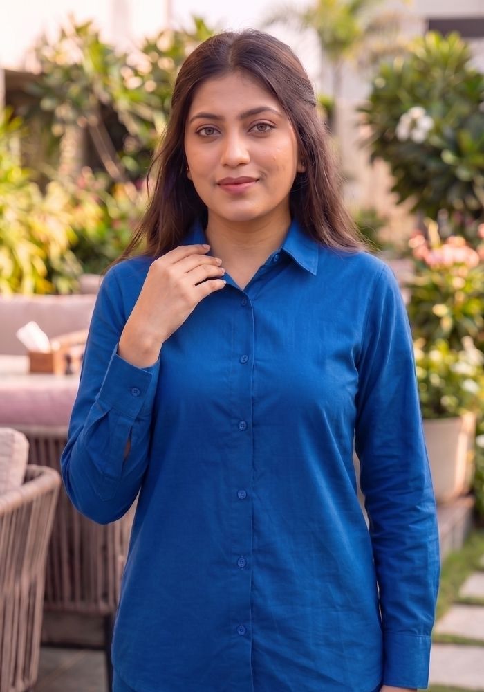 Women’s Cotton Shirt &amp; Flared Pant Blue Co-Ord Set