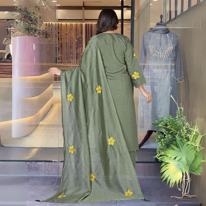 Gulbano Olive Green Chanderi Silk Embroidered Kurta Set with Dupatta