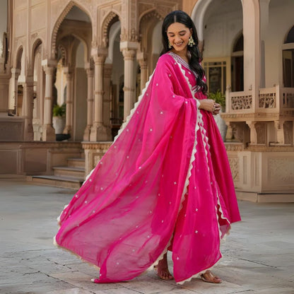 Fuchsia Pink Anarkali Kurta Set with Embroidered Dupatta – Aathado Festive Collection