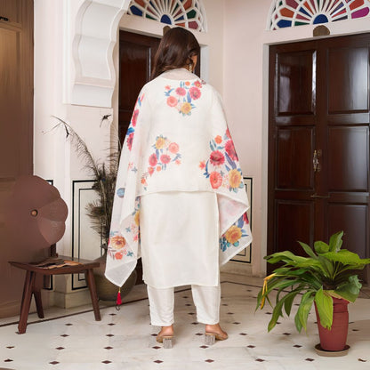 Ivory Bloom Embroidered Chanderi Silk Suit Set with Floral Dupatta