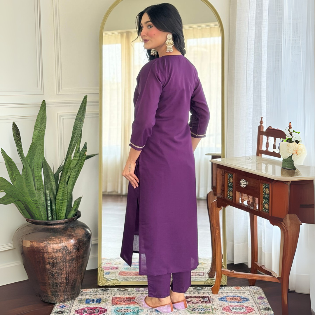 Royal Purple Chanderi Silk Embroidered Suit Set with Ombre French Crepe Dupatta