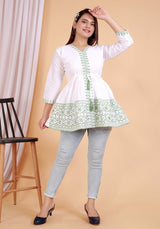 We Shine Heavy Green Embroidery Cotton White Dress Tunic