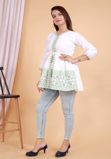 We Shine Heavy Green Embroidery Cotton White Dress Tunic