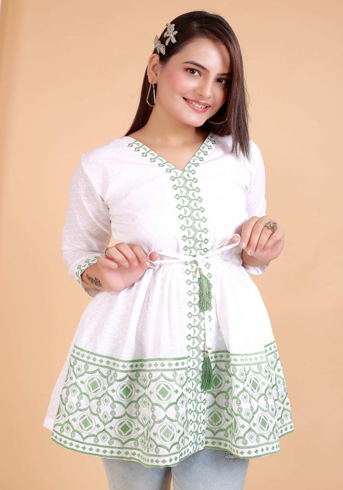 We Shine Heavy Green Embroidery Cotton White Dress Tunic