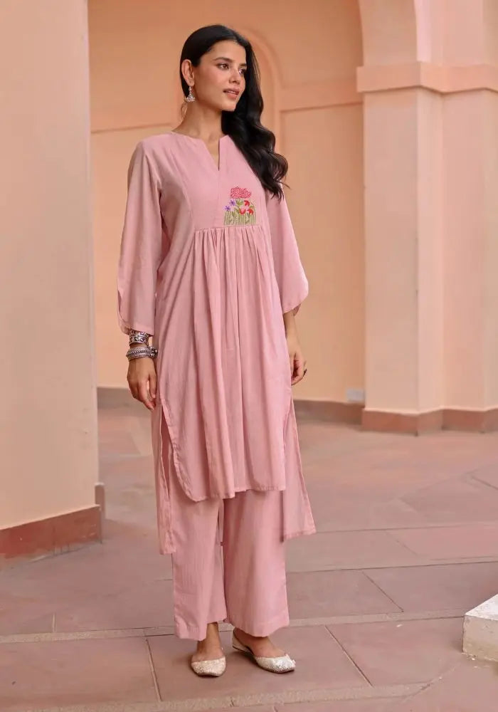 Buy Elegant Light Pink Cotton Kurta with Floral Embroidery  Women’s Fashion Online - We Shine