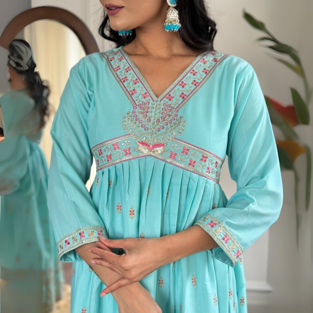 Elegant Aqua Blue Embroidered Kurta Set with Organza Dupatta