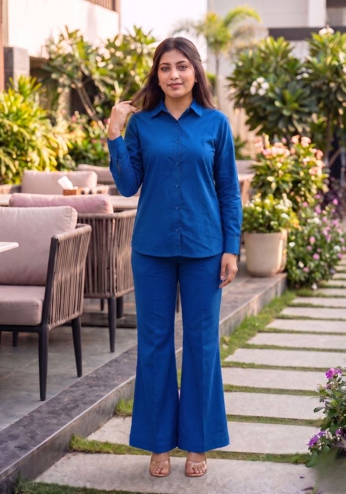 Women’s Cotton Shirt &amp; Flared Pant Blue Co-Ord Set
