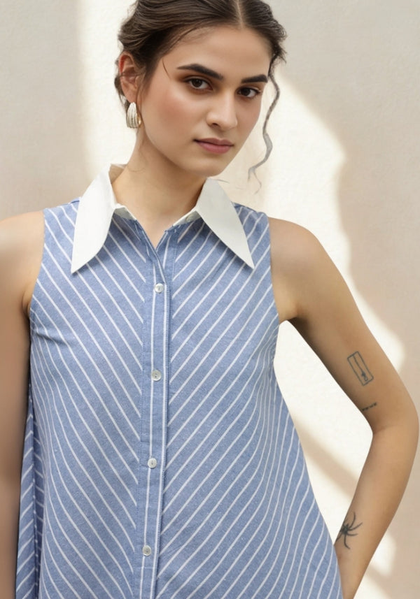 Asymmetric Striped Sleeveless Shirt Dress with Contrast Collar
