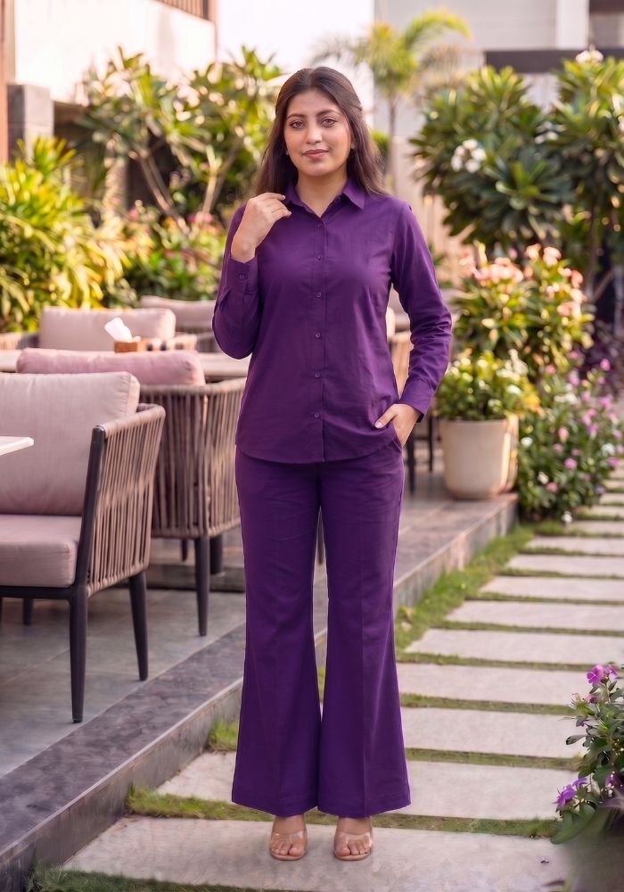 Women’s Cotton Shirt &amp; Flared Pant Purple Co-Ord Set