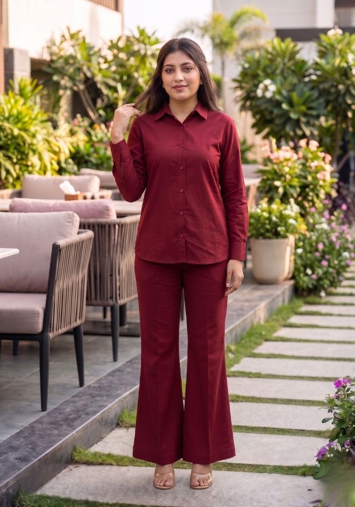 Women’s Cotton Shirt &amp; Flared Pant Maroon Co-Ord Set
