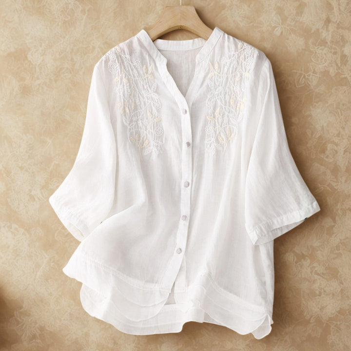 Embroidered Floral V-Neck Cotton Linen Top | Vintage 3/4 Sleeve Blouse