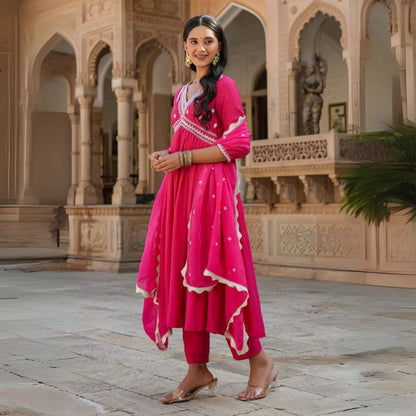 Fuchsia Pink Anarkali Kurta Set with Embroidered Dupatta – Aathado Festive Collection
