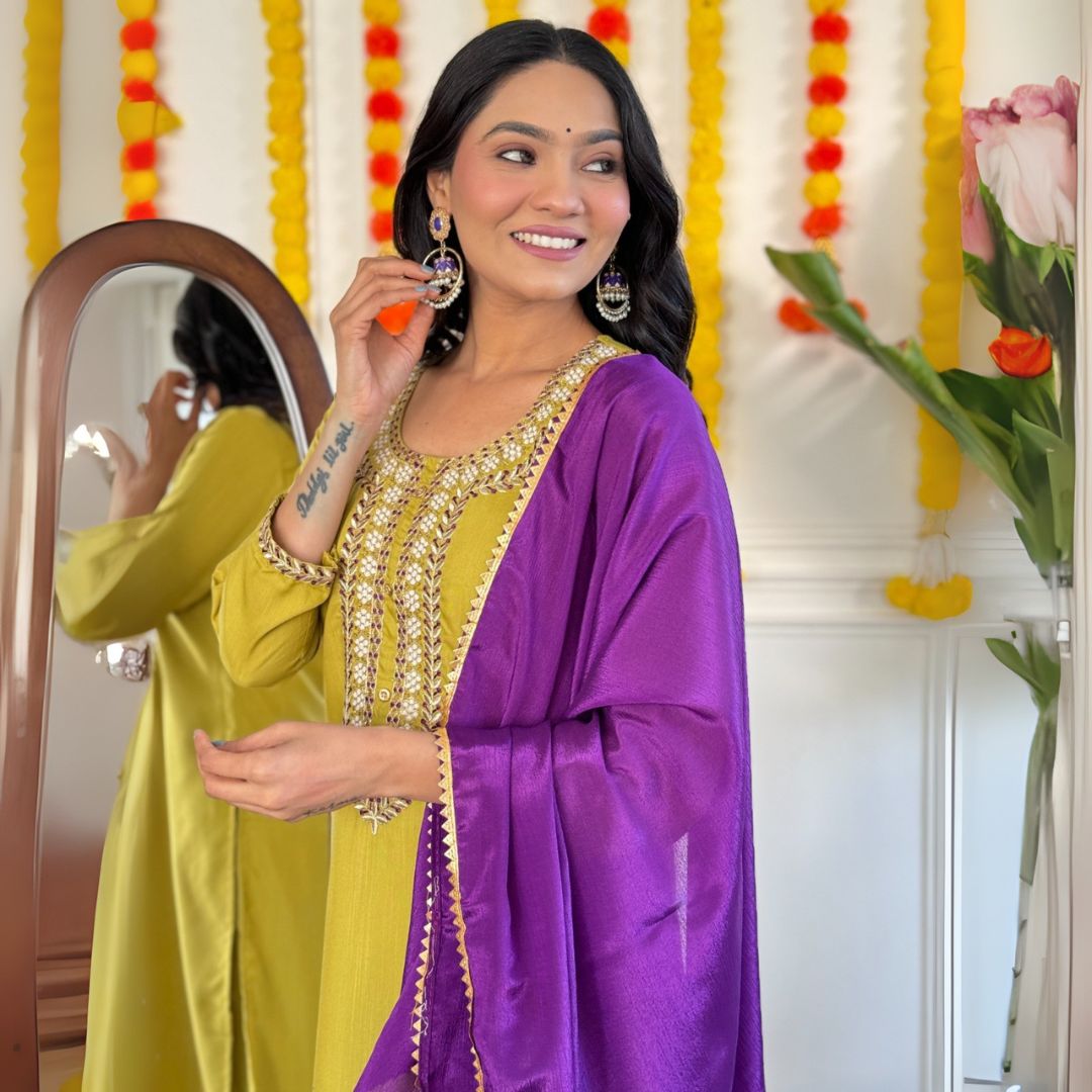 Olive-Gold Embroidered Suit Set with Royal Purple Dupatta