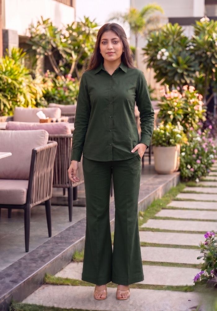 Women’s Cotton Shirt &amp; Flared Pant Teal Green Co-Ord Set