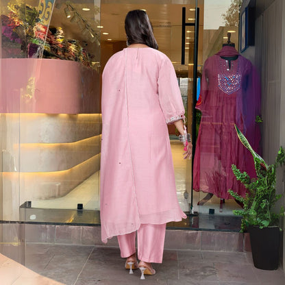 Graceful Pink Chanderi Silk Embroidered Suit Set with Organza Dupatta