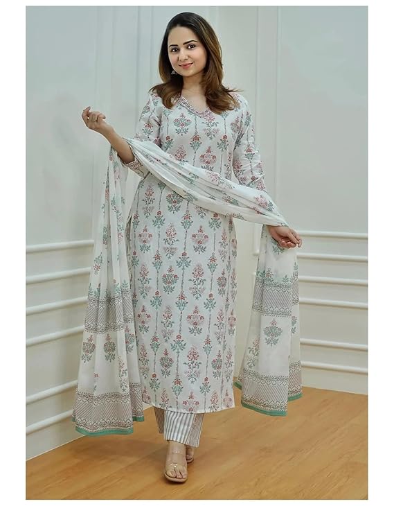 White Floral Cotton Kurti With Palazzo & Dupatta Set