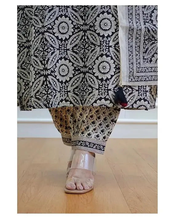 Buy Black &amp; Off White Floral Afghani Kurti With Pant &amp; Dupatta Set  Women’s Fashion Online - We Shine