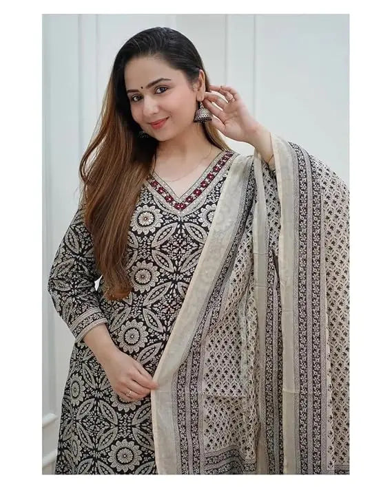 Buy Black &amp; Off White Floral Afghani Kurti With Pant &amp; Dupatta Set  Women’s Fashion Online - We Shine